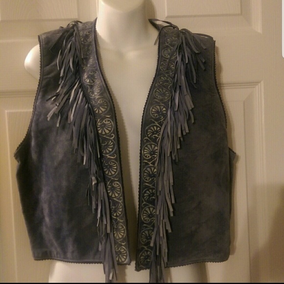 Gilet En Cuir Daim Patricia Wolf - Marron/rouge Peint Main, Conchos, Style Western